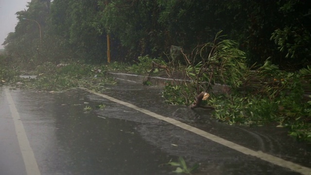 雨和碎片在台风淘金的慢镜头视频素材