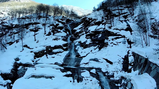 山瀑布景观。冰雪覆盖的冬季仙境视频素材