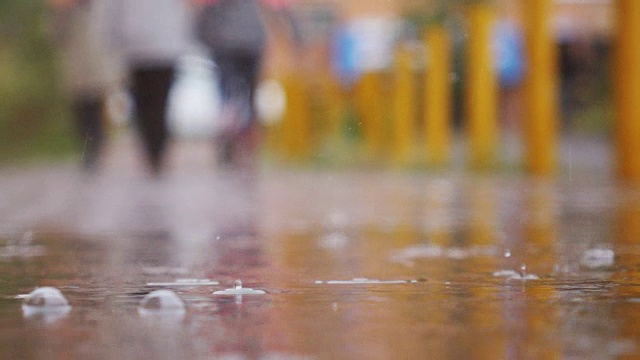 雨天的城市街道，水滴，水坑，超慢的动作，选择性聚焦。视频素材