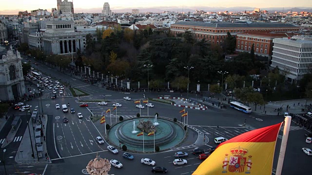 广场Cibeles，从Palacio Comunicaciones的顶部看，马德里，西班牙视频素材