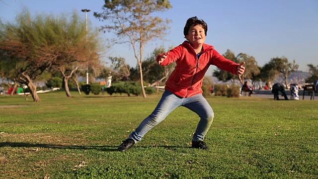 小男孩在户外的草地上踢球视频素材