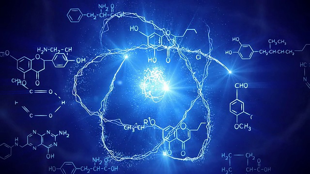 闪亮的原子模型和化学公式可循环视频素材