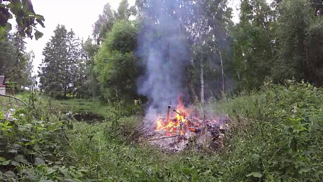 在池塘附近的夏季农场草地上营火。间隔拍摄视频素材