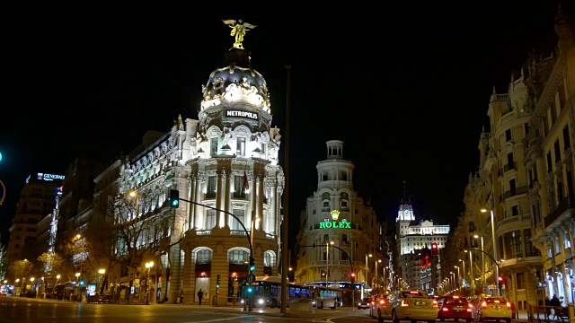 西班牙gran via Madrid night light metropolis酒店建筑4k视频素材