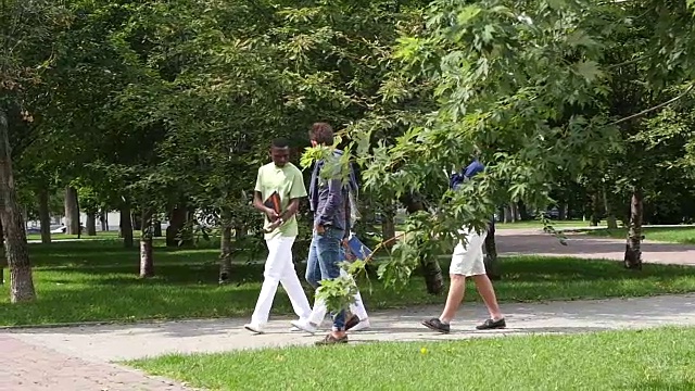 一群学生在户外学习、散步，看起来很开心。慢动作视频素材