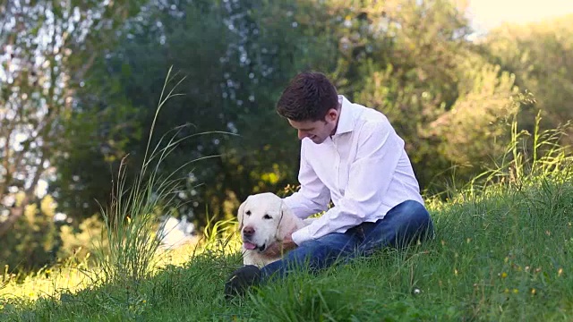 一个年轻人在抚摸白色的拉布拉多犬视频下载