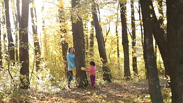 妈妈和她的孩子在森林里视频素材