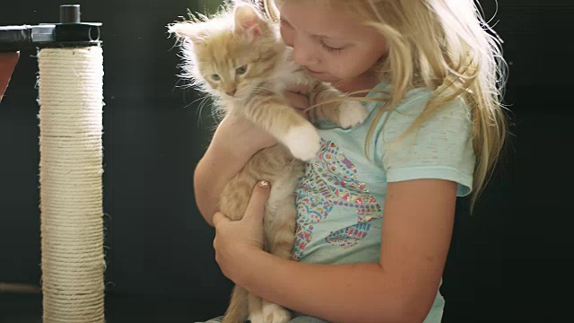 一个小女孩把一只小猫从房子里拉出来，给了它一个拥抱视频素材