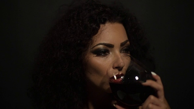 美丽的女孩喝着一杯红酒孤立在一个黑色的背景视频素材