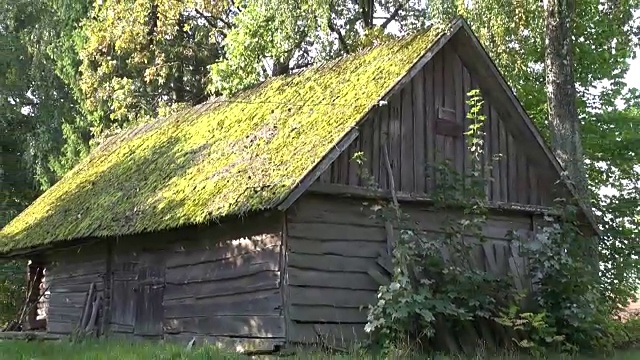 带有苔藓屋顶的旧农场谷仓视频素材