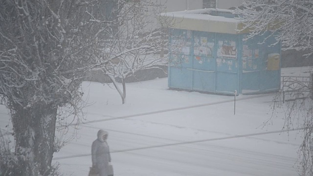 大雪落在城市的亭子和道路的背景视频素材