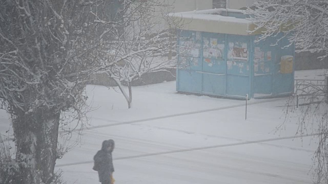 城市下雪，偶尔有汽车驶过视频素材