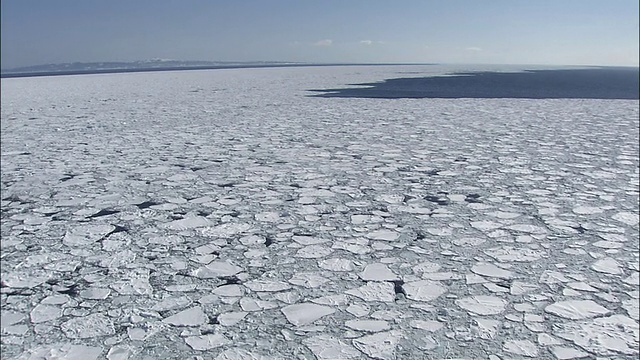 在北海道知床鄂霍次克平静的海面上，潘留下的薄煎饼冰视频素材