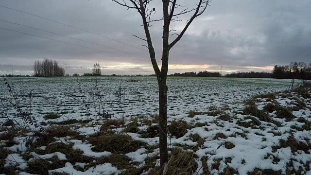 乌云掠过白雪生长的麦田，时间流逝4K视频素材