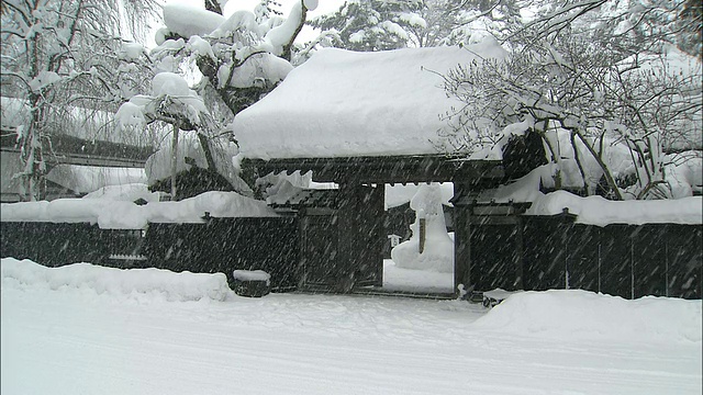 雪花飘落在华丽的传统武馆门口视频素材