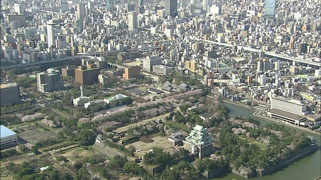 樱花树装饰着日本城市中心的一处房产。_Aerial拍摄视频素材