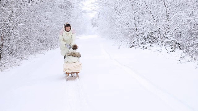 妈妈宝宝在雪橇上滚动视频素材