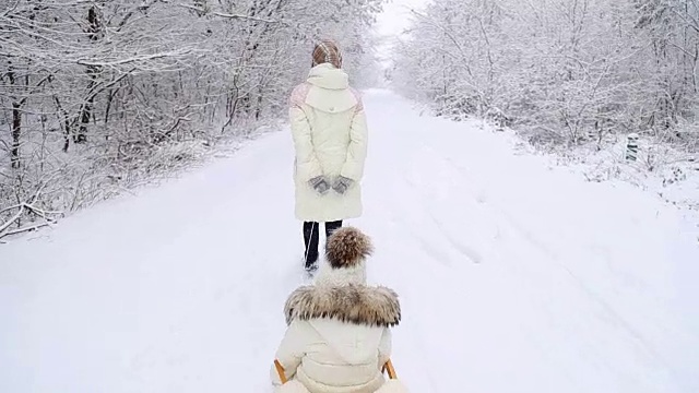 妈妈宝宝在雪橇上滚动视频素材