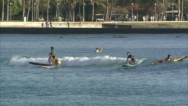 游客们沿着威基基海滩冲浪。视频素材