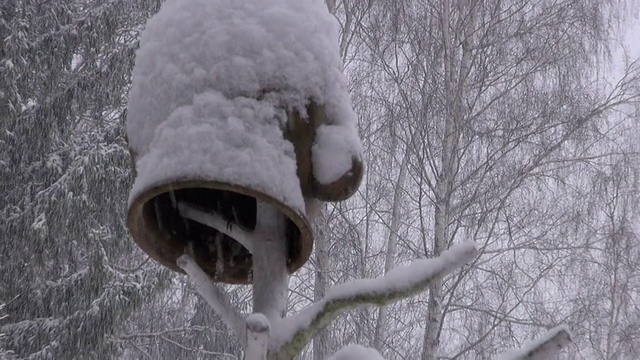 冬天的暴风雪降落在农场和多雪的水罐视频素材