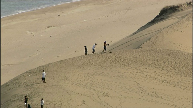 游客们在日本海沿岸的鸟取沙丘徒步旅行。空中拍摄视频素材