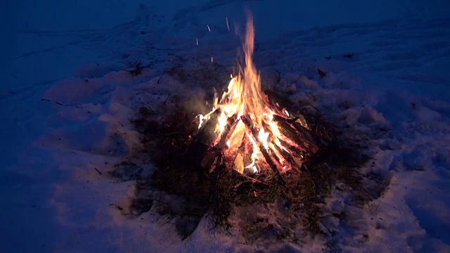 篝火篝火在冬天的晚上燃烧雪视频素材