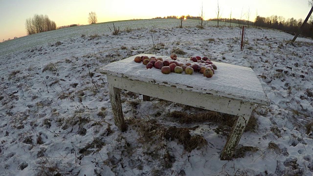 篝火在黑暗的雪地里燃烧，时光流逝视频素材