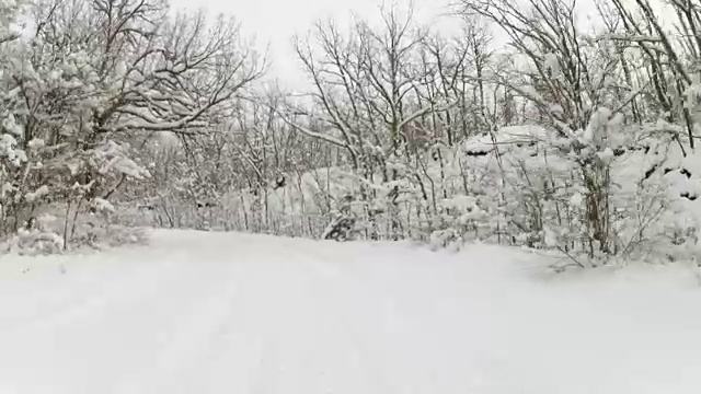 冬天的路穿过森林后下雪，去Pro视频素材