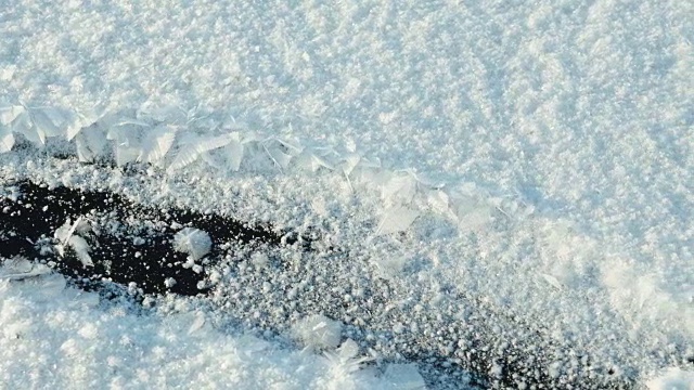 在雪地上留下脚印。干净而有霜的白天。光滑的多莉。视频素材