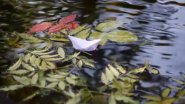 池塘里浪漫的白色小船视频下载