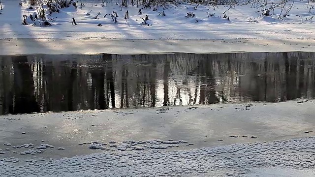 冬季的乡村景观森林里冰冻的河流视频素材