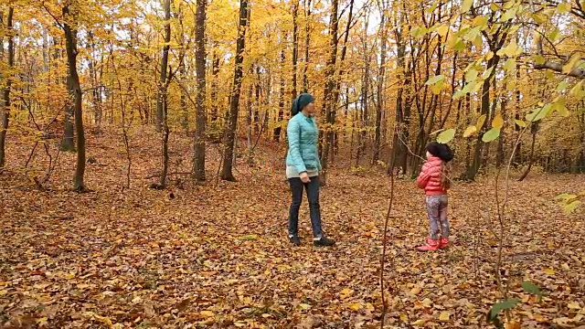 妈妈和她的孩子在森林里视频素材