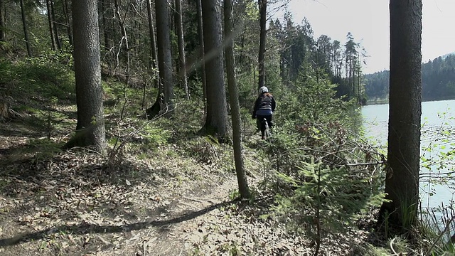 在湖边的森林里开车下山视频素材