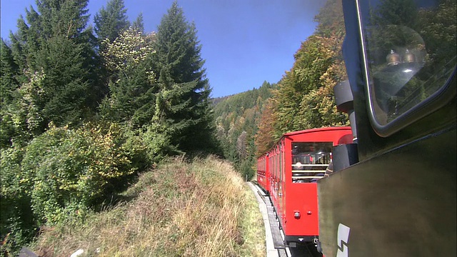 沙夫伯格山铁路列车通过树木之间，因为它的上山视频素材