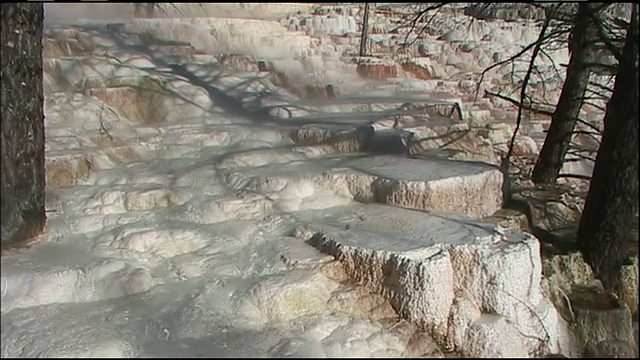 起重机降落在由猛犸温泉的热水沉积的石灰华梯田上视频素材