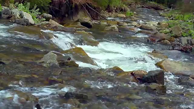 山区河流，有瀑布、急流和泡沫，在岩石河岸之间流动。石头的河床。春天拍摄于喀尔巴阡山脉视频素材