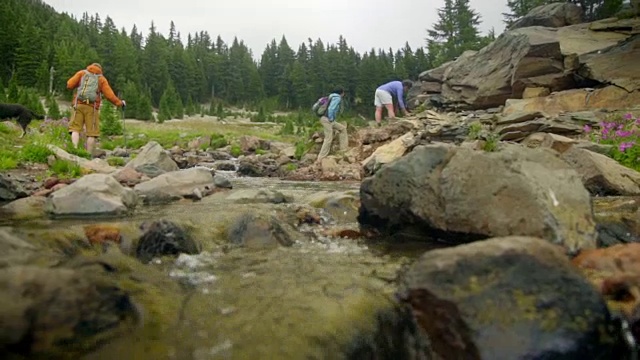 三个徒步旅行者穿过一条淡水河视频素材