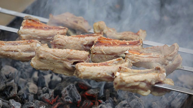 烤肉架上串着的肉视频下载