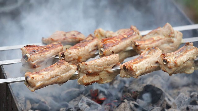 烤肉架上串着的肉视频素材