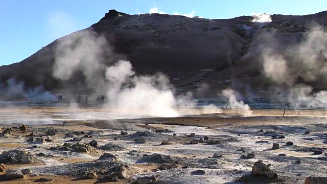 冰岛北部密凡湖附近的赫弗里尔地热区。从右到左。视频素材