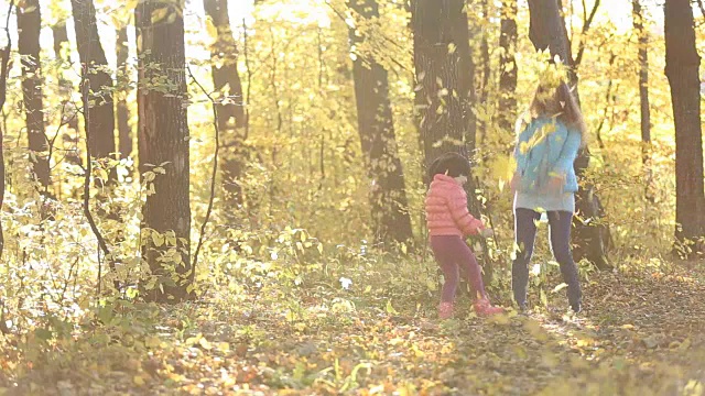 妈妈和她的孩子在森林里视频素材