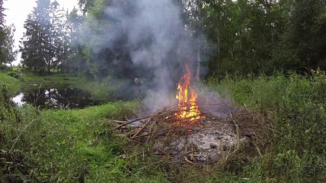 池塘边篝火熊熊燃烧视频素材