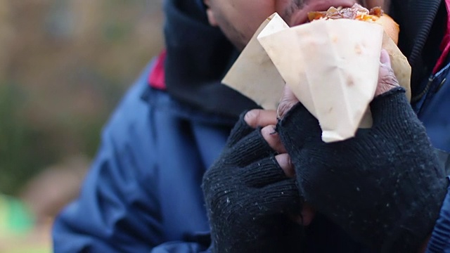 男性垃圾食品成瘾，咬着吃着油腻的热狗，视频素材