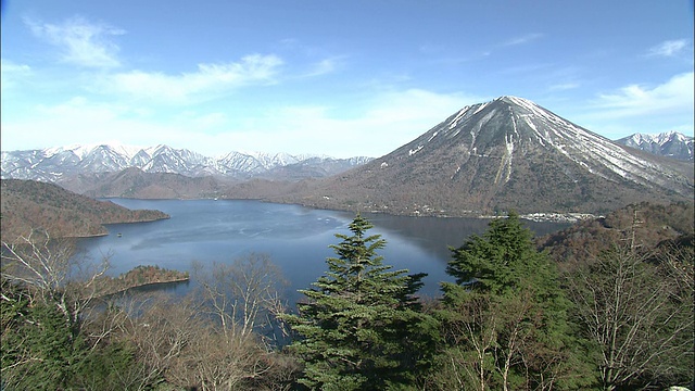 日航的中禅寺湖，放大到被雪覆盖的南台山，枥木视频素材