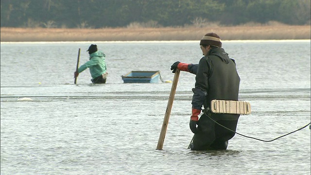 一个渔夫在Jusanko湖中摇动一根棍子。视频素材