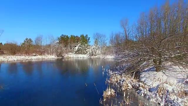 湖面上结了薄冰，风景优美，树木被雪覆盖视频素材