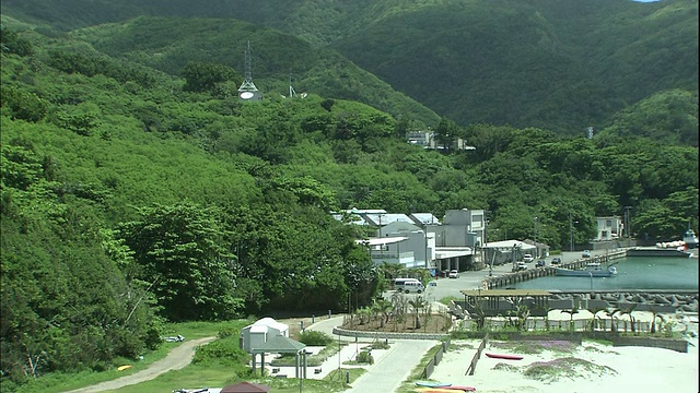 俯瞰日本小笠原岛码头和港口的乡村住宅。视频素材