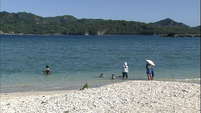 一家人涉水进入太平洋，孩子们在水里玩耍。视频素材