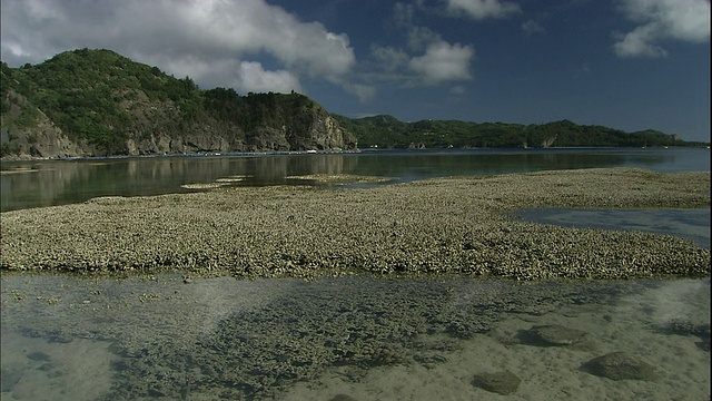 退潮使日本Chichijima岛双美湾的珊瑚礁暴露出来。视频素材