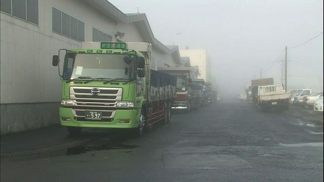 在日本北海道的花崎港，运送青鱼的卡车正在等待。视频素材